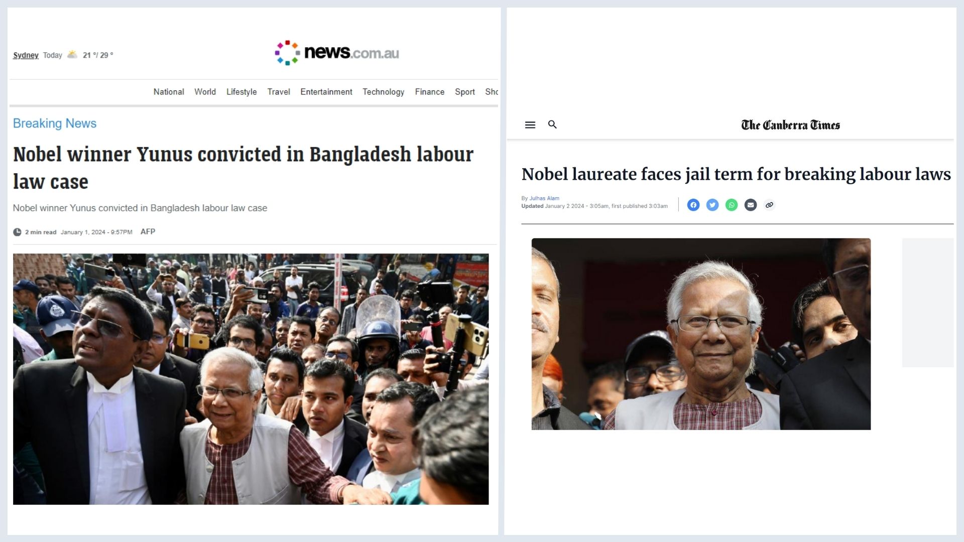 অস্ট্রেলিয়ার গণমাধ্যমে ড. ইউনুসের কারাদণ্ডের রায়